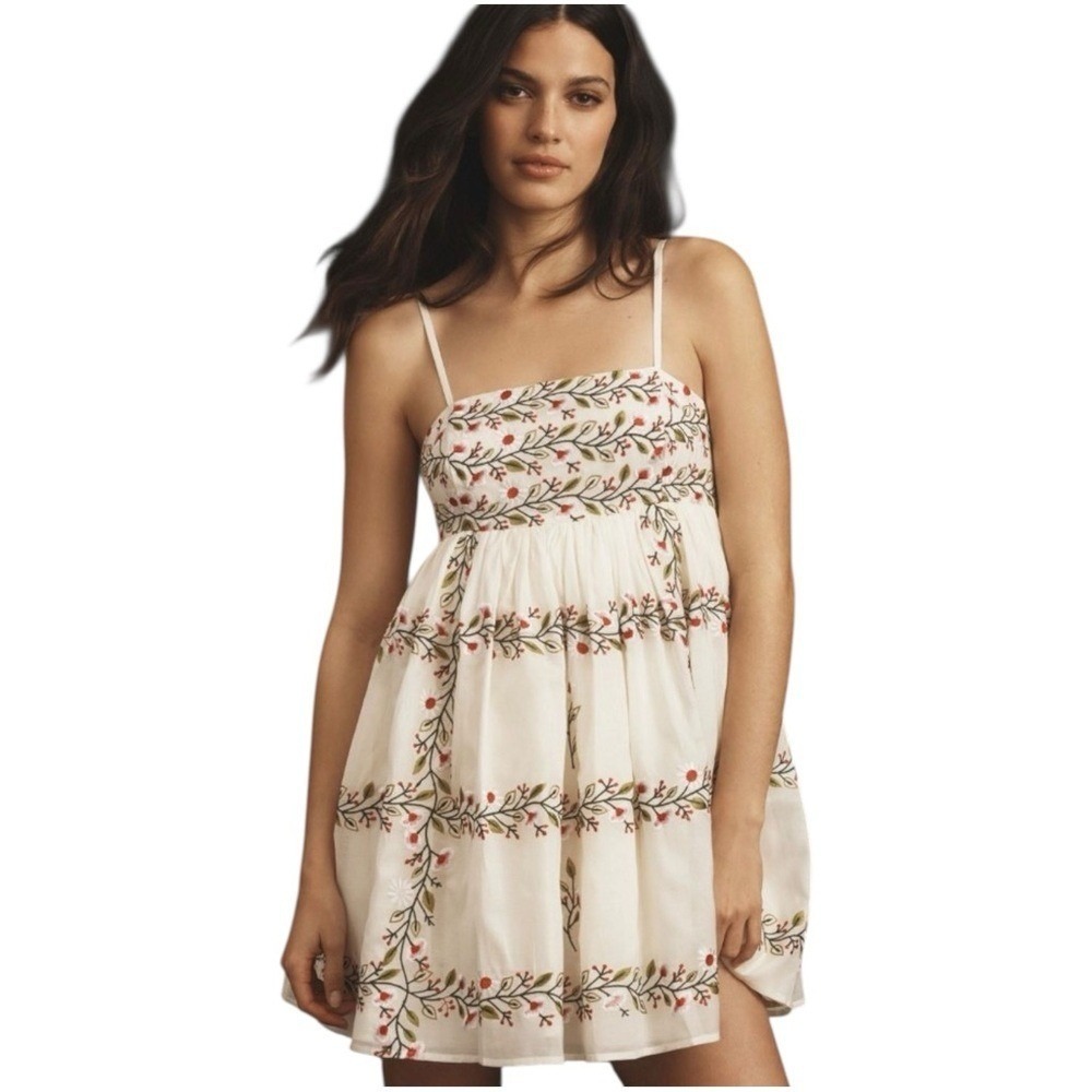 Samant Chauhan x Anthropologie Square Neck Floral Embroidered Full Mini Dress S
